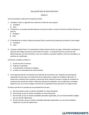 Evaluación educación física grado11