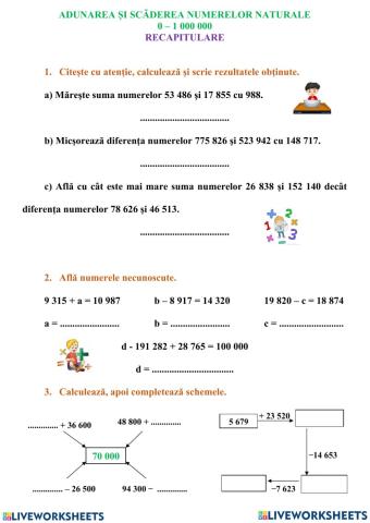 RECAPITULARE: ADUNAREA ȘI SCĂDEREA NUMERELOR NATURALE ÎN CONCENTRUL 0 - 1 000 000