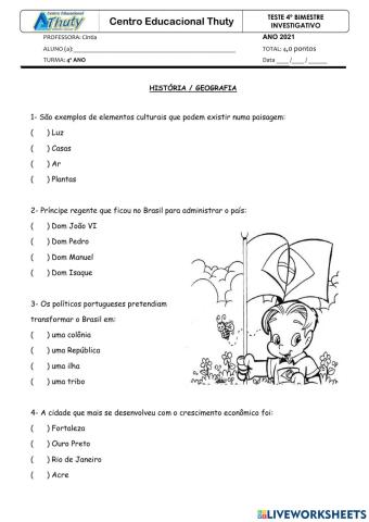 Teste investigativo 4º ano hist-geo