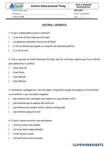 Teste investigativo 5º ano hist-geo