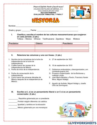 Examen trimestral de historia