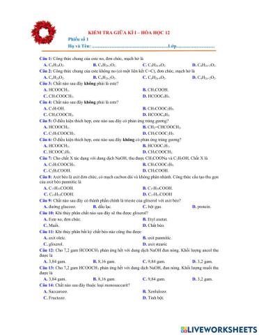 Kiểm tra giữa kì I- Hóa học 12