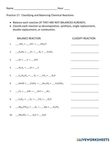 Balancing and Classifying Chemical Reactions