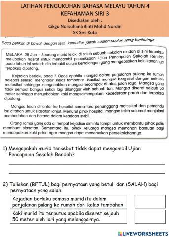 Latihan pengukuhan bm tahun 4 kefahaman siri 3