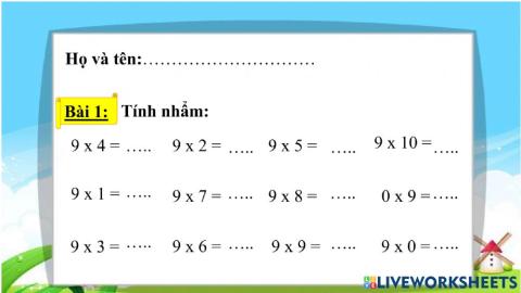 Phiếu bài tập bảng nhân 9