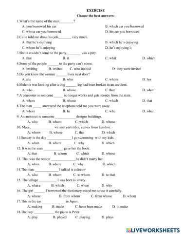 Relative clause exercise