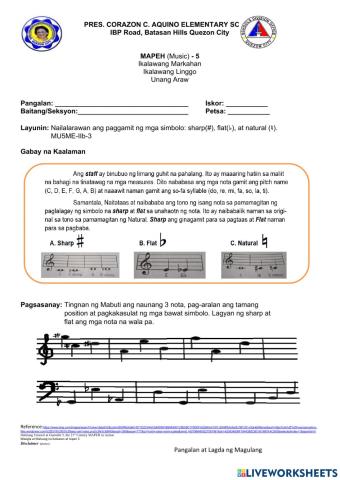 Music Worksheet Quarter 1 Week 2 Day 1-2