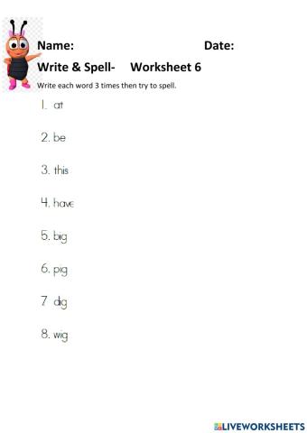 Writing & Spelling Worksheet 6