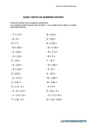 Suma i resta de nombres enters