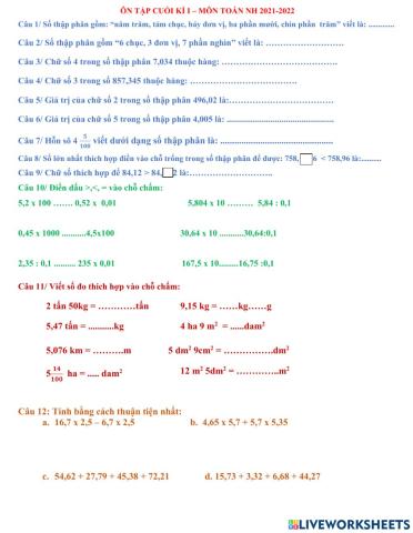 Ôn tập toán cki bài 1