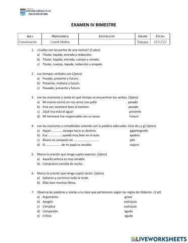 EXAMÉN IV BIMESTRE COMUNICACIÓN