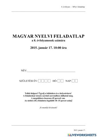 Felvételi feladatsor 2015