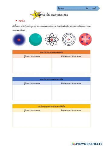 ใบกิจกรรมเรื่อง แบบจำลองอะตอม