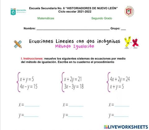 Sistema de ecuaciones método de igualación