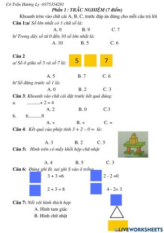 Toán thi học kì 1 lớp 1