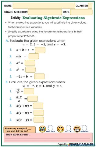 Evaluating Algebraic Expressions