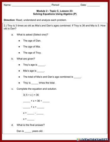 Problem Solving Involving Linear Equations Part 2