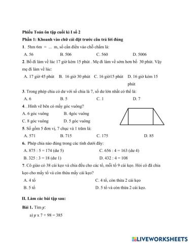 Toán ôn cuối kì I số 2