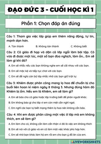 Đạo đức 3 - Cuối học kì 1