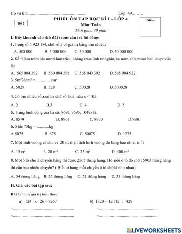 Đề thi cuối kì 1 - Toán 4 (Đề 2)