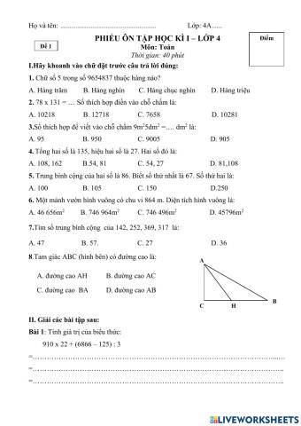 Đề thi cuối kì 1 - Toán 4 (Đề 1)