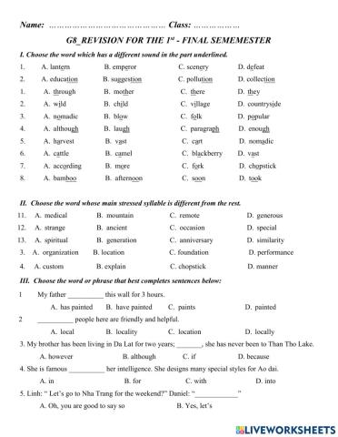 G8-Revision for the 1st semester Test