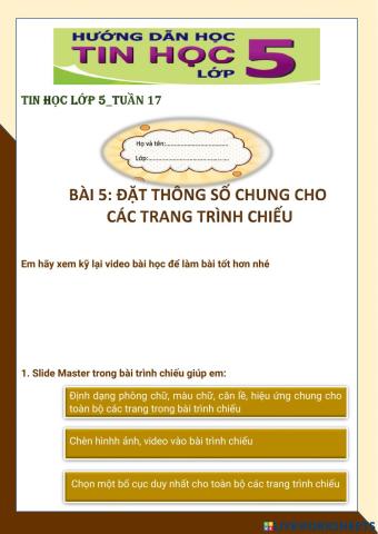 Tin học lớp 5-Tuần 17-CĐ3-Bài 5: Tạo thông số chung cho các trang trình chiếu