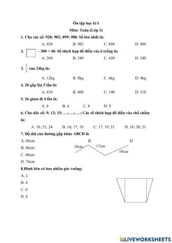 Ôn tập Toán lớp 3 học kì I