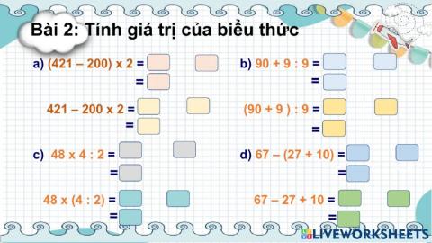 Bài 2: Tính giá trị biểu thức