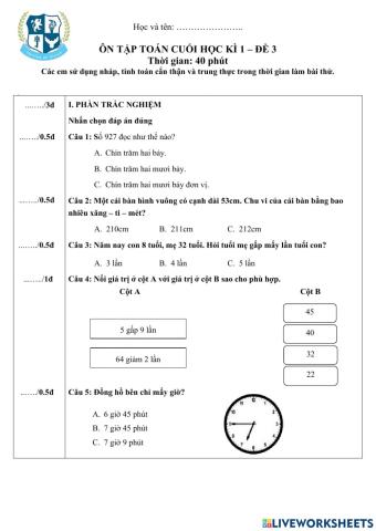 Ôn tập Toán cuối kì 1- Đề 3