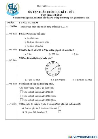 Ôn tập Toán cuối kì 1- Đề 4