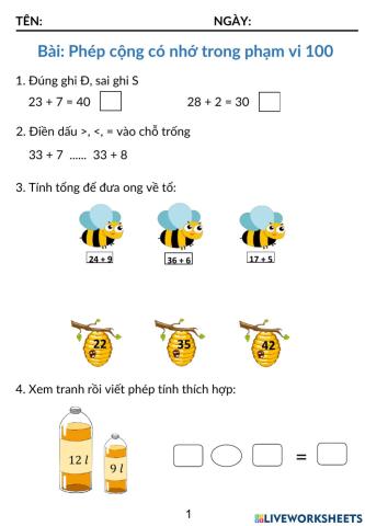 Phép cộng có nhớ trong phạm vi 100