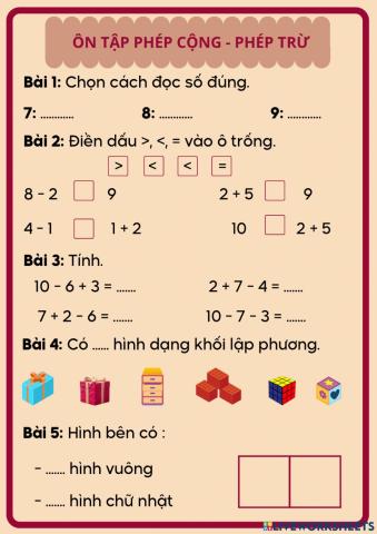 Ôn tập toán - phép cộng - phép trừ