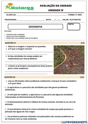 Avaliação geografia 4°bimestre