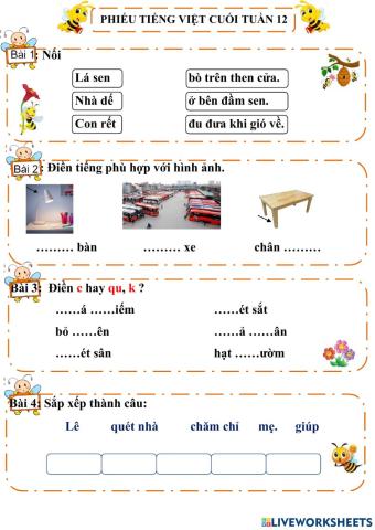 Phiếu bài tập Tiếng việt cuối tuần 12