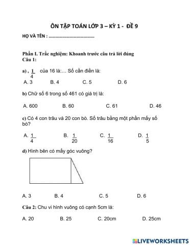 Ôn tập toán lớp 3 - kỳ 1