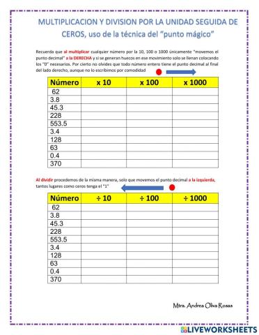 Multiplicar y dividir por 10, 100 y 1000