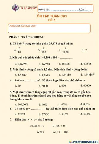 Toán 5 - Ôn tập cuối kì 1