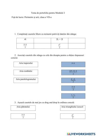 fisa de lucru perimetre si arii clasa 7