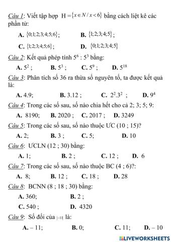 Trắc nghiệm HK1 Toán 6 1