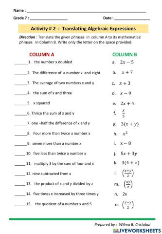 Translating Algebraic Expressions