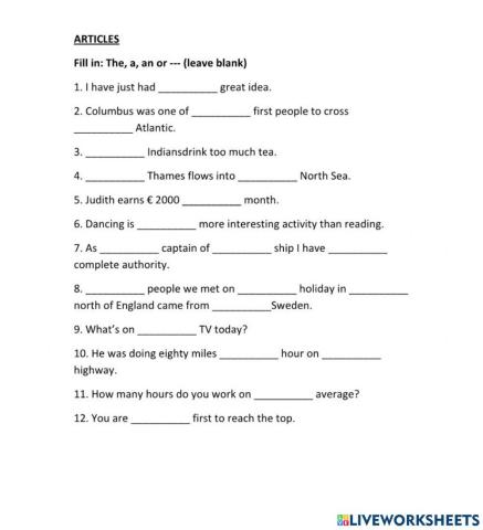 CBSE English Worksheet - Articles (1)