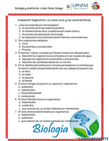 Evaluación diagnostica: Los seres vivos y sus características