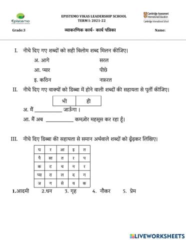 कक्षा 3 पाठ-6 कुछ कर दिखलाएँगे-व्याकरणिक कार्य- कार्य पत्रिका