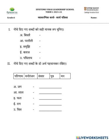 कक्षा 6 पाठ-6 गिरिधर की कुंडलियाँ-व्याकरणिक कार्य- कार्य पत्रिका