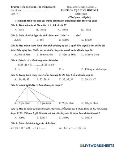 Ôn tập toán cuối kì 1