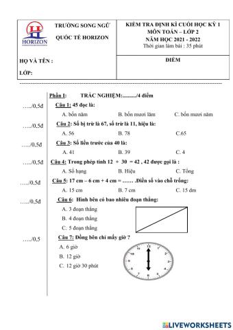 Đề Kiểm tra Toán 2