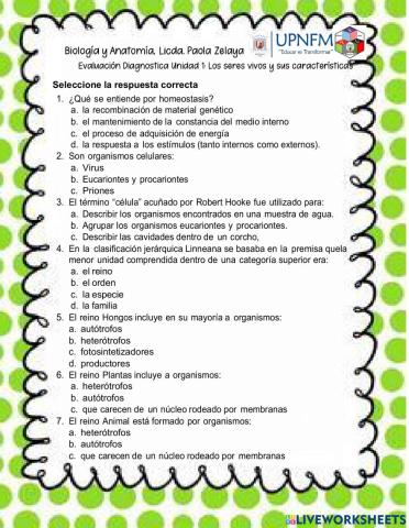 Evaluacion diagnostica unidad 1: Los seres vivos y sus características