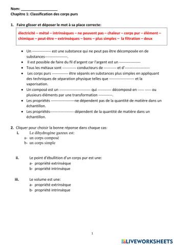 Classification des corps purs