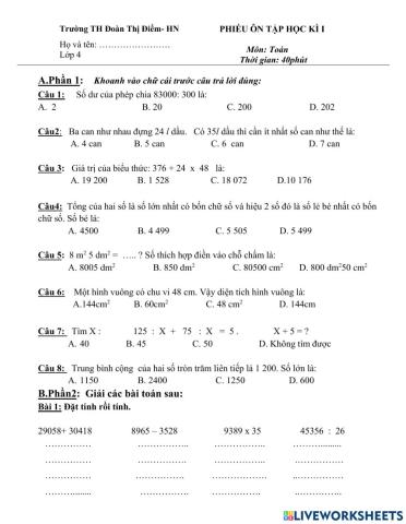 Phiếu ôn tập toán cuối kì 1-số 2